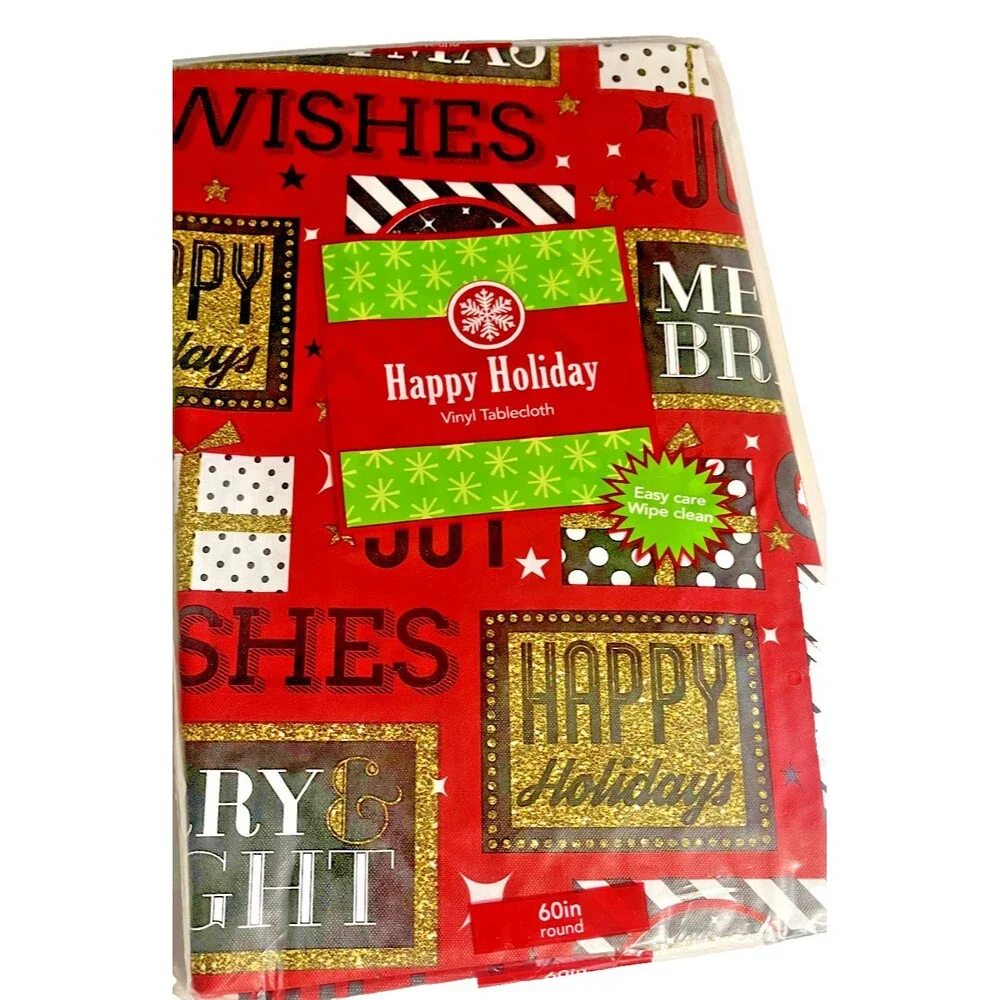 Merry Christmas Happy Holidays Red Gold Vinyl Tablecloth Flannel Backed 60